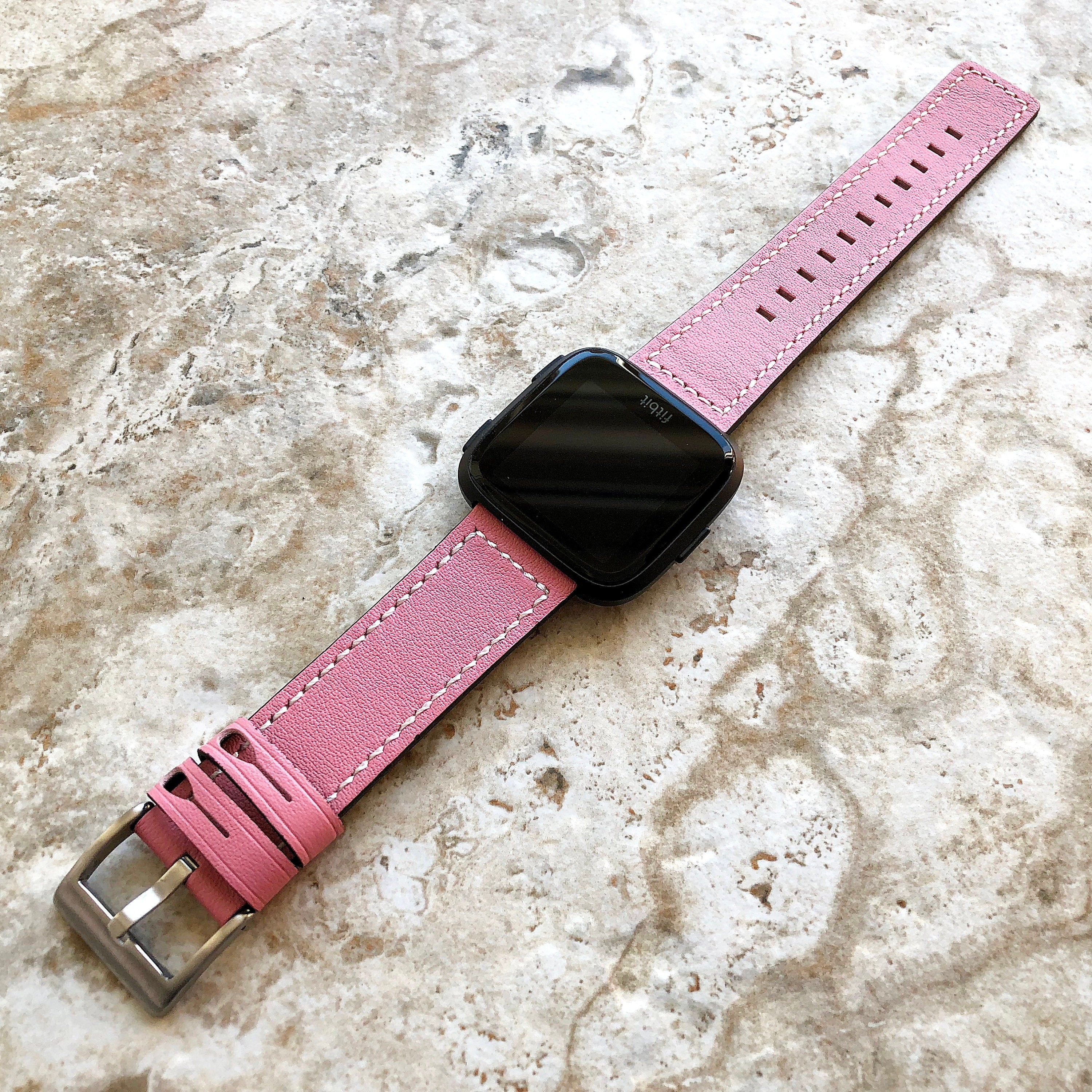 Bands for Fitbit Versa 2 3 4 Sense 2 Pink Leather White Stitches Modern Strap Quick Release Pins Adapters Silver Rose Gold Black Buckles